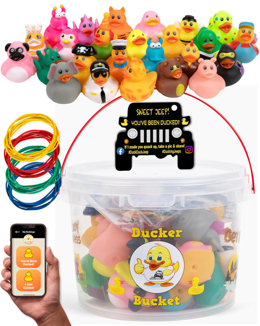 Rubber Ducks Jeep Ducking - 76 Piece kit Including Ducker Bucket Jeep Ducking Cards & Rubber Bands Plus Official Duck Duck Jeep Mobile App